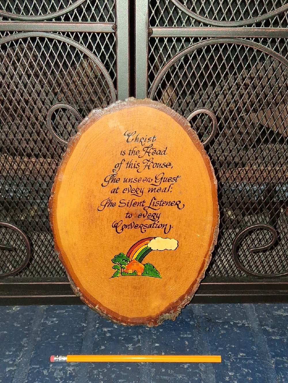 Vintage Hand-Painted Religious Wood Plaque with Rainbow Motif
